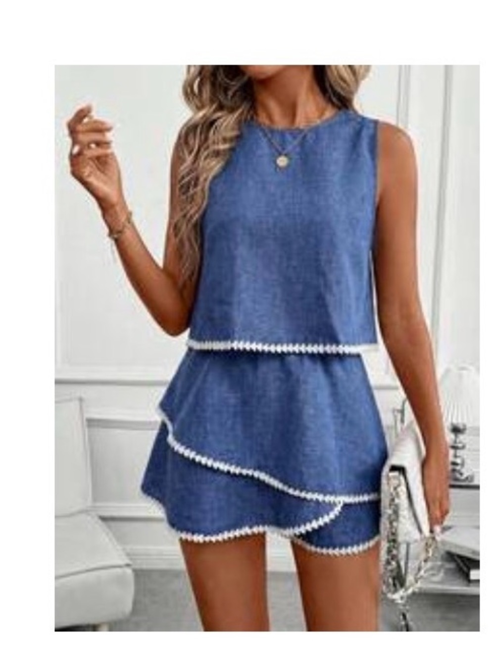 SHEIN Blue Tiered Sleeveless Skirt Set with White Trim